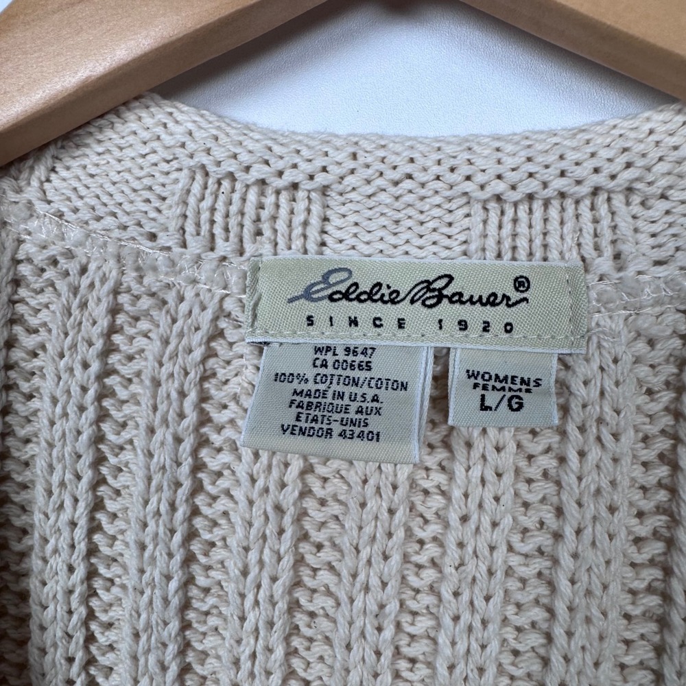 VTG Eddie Bauer Cable Knit Cardigan Vest Women L Cream Fisherman Preppy Coastal - Picture 4 of 15